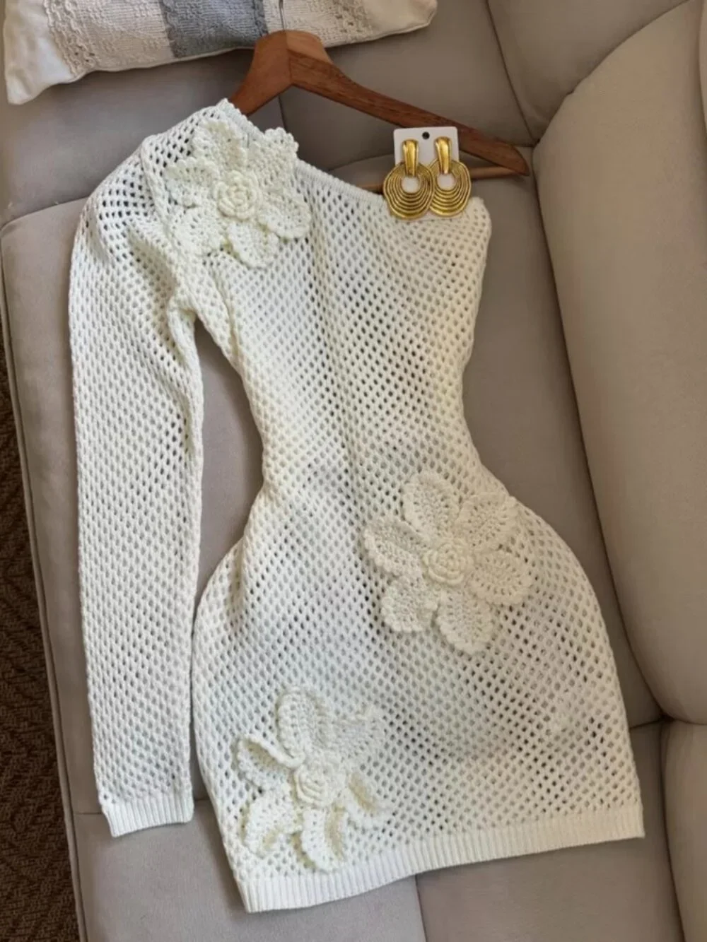 Women's Crochet Openwork Off-Shoulder Dress, French-Style Elegant